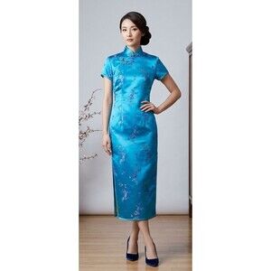 Double Peach Vintage Blue Asian Floral Dress Size 36